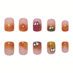 Ombre Orange Yellow Short Square Cartoon Cat Nails