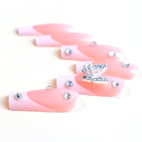 European White French Edge Nail Tips with Butterfly and Diamonds