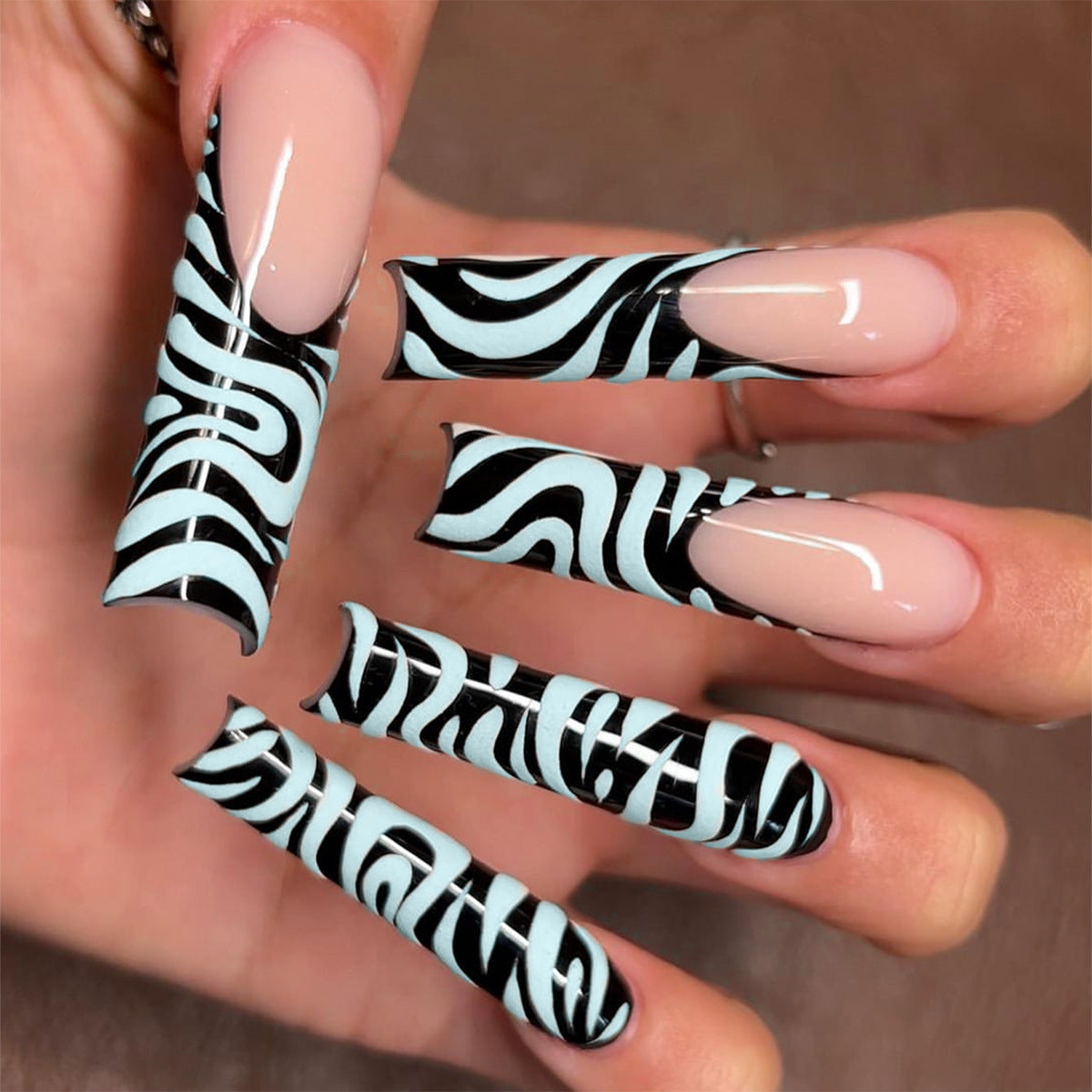 Removable Long Square Zebra Striped French Nail Tips