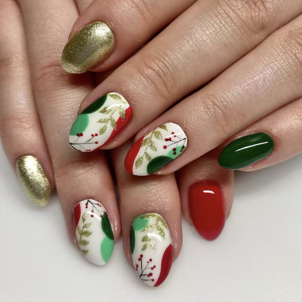 Shiny French Christmas Nails - Red, Green, Leaves, Flowers