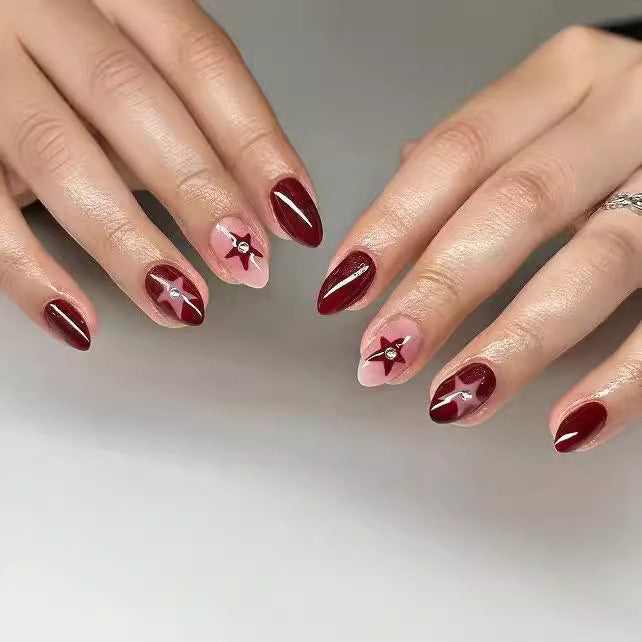 Trendy Wine Red Star Drop and Almond Nail Wraps for Fall Nails