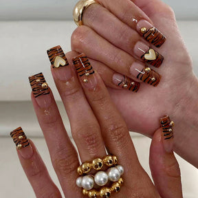 French Heart Handmade Caramel Leopard Print Nails