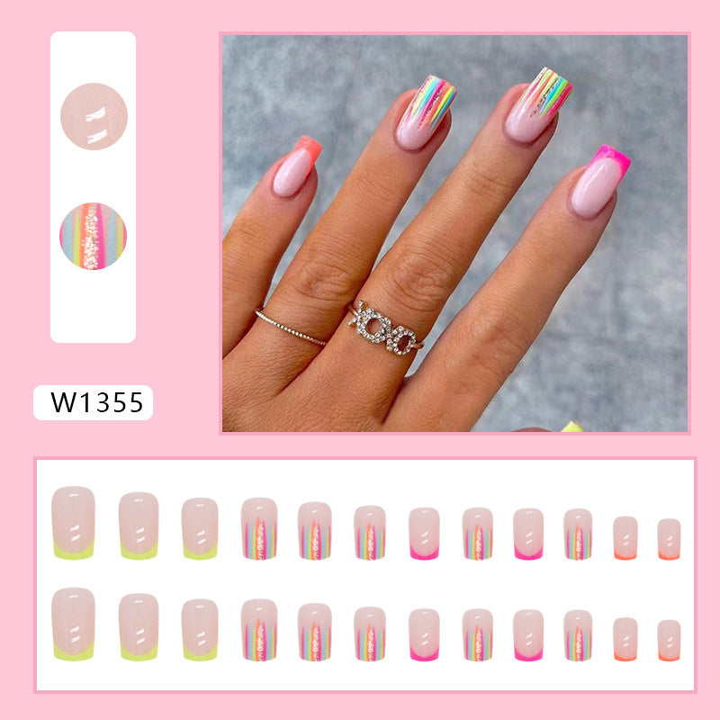 Mid-Length Colorful Dopamine Rainbow Stripe French Nails