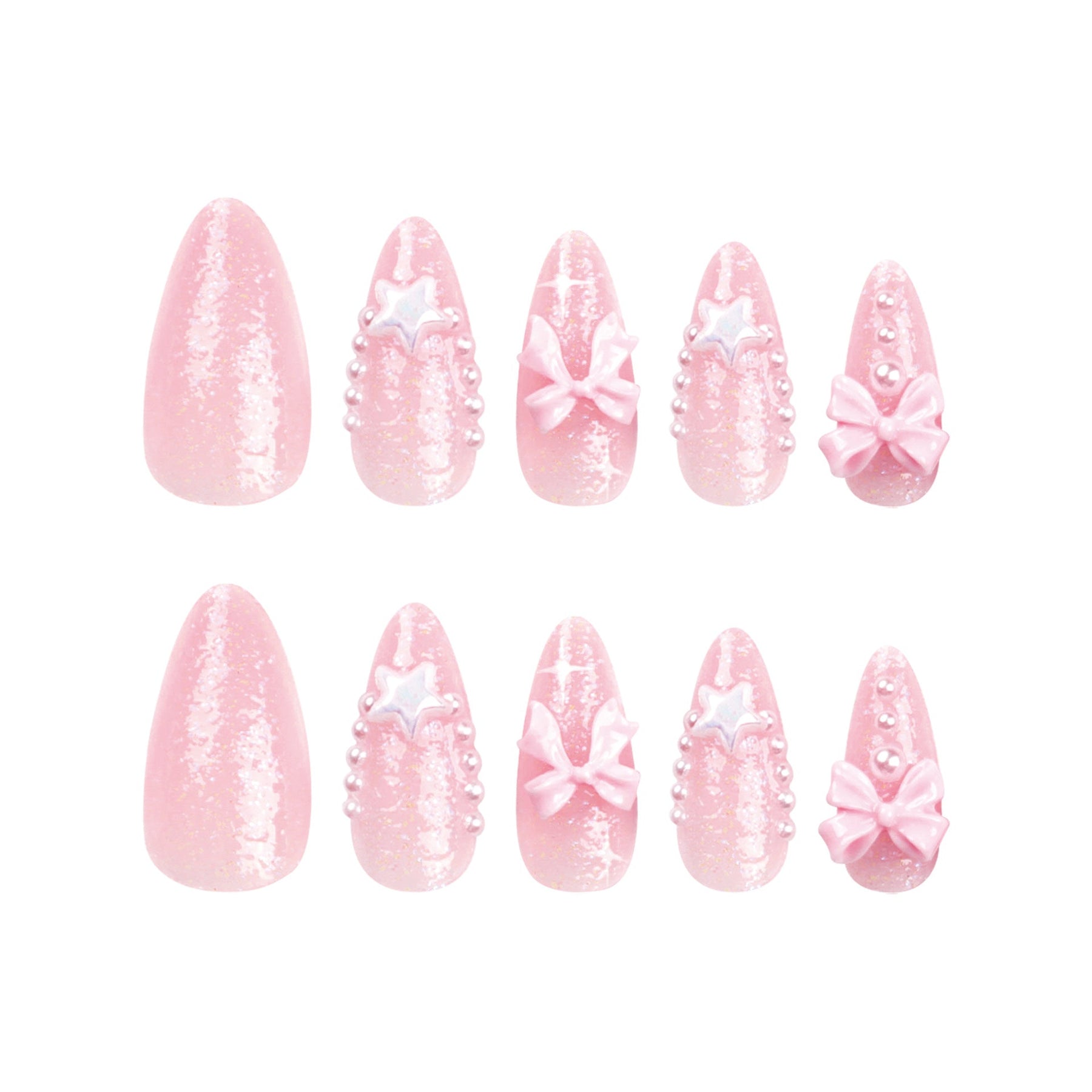 Cute Pink Bow Nail Art, Sweet Star Glitter Pearl Almond Nails  2. Tag词