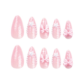 Cute Pink Bow Nail Art, Sweet Star Glitter Pearl Almond Nails  2. Tag词