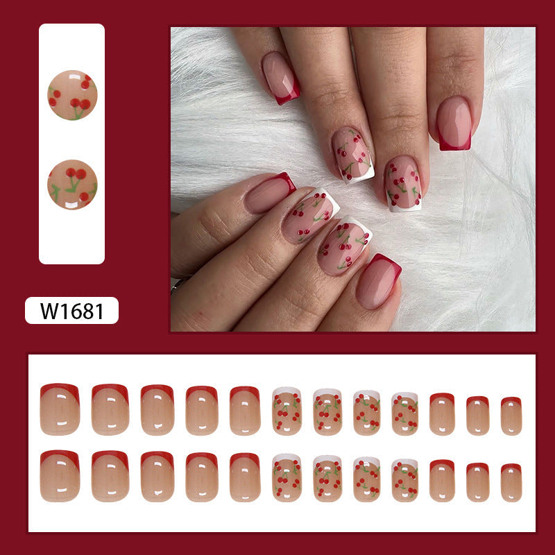 Chic Fall Nails: Removable French Cherry Nail Stickers, 24 Pieces