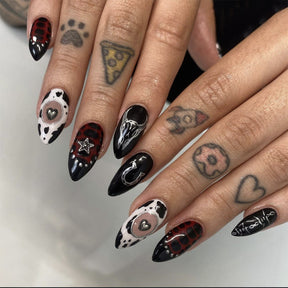 Dark Cowprint Nails with 3D Stars and Hearts