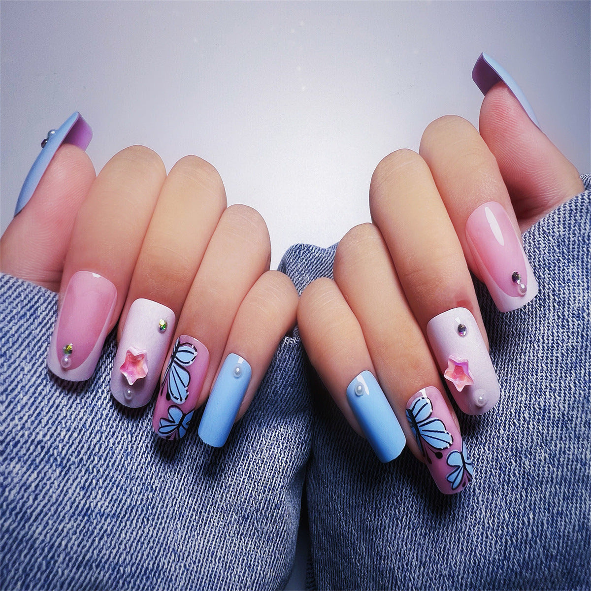 Cute Blue Pink Cartoon Hand-painted Nails - Removable (Wholesale 24-Piece)