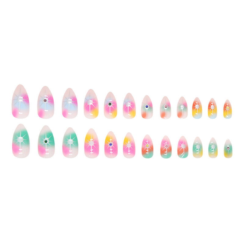 Colorful Rainbow Star Diamond Nails Euro Star Almond Fake Nails Spicy Girl Halloween