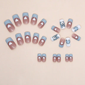 Blue Cute Bear Heart Nails, Mid-Length French Square