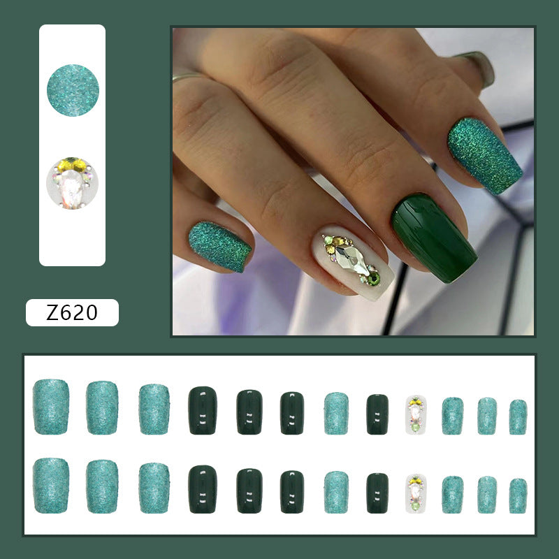 Spring Summer Flashy Fresh Green Diamond Nails, Medium Length Square