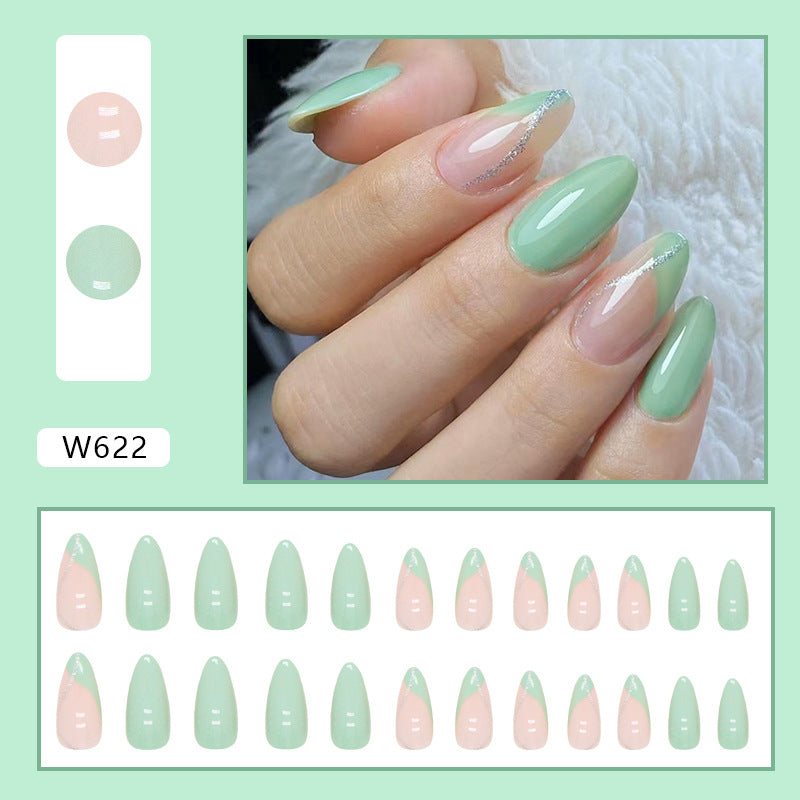 Simple Solid Light Green Nails Euro Almond Fashion Gold Powder French Wearable Nails Wholesale