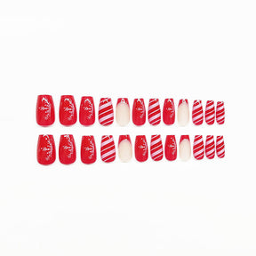 Christmas Red White Stripe Snowflake False Nails