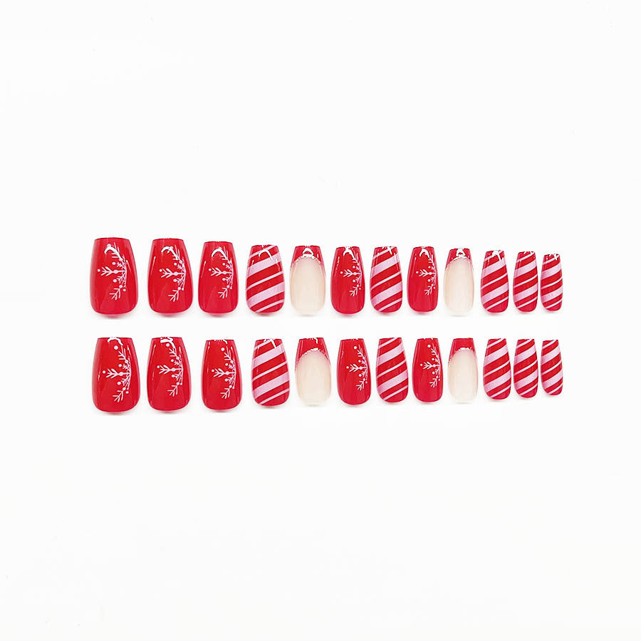 Christmas Red White Stripe Snowflake False Nails