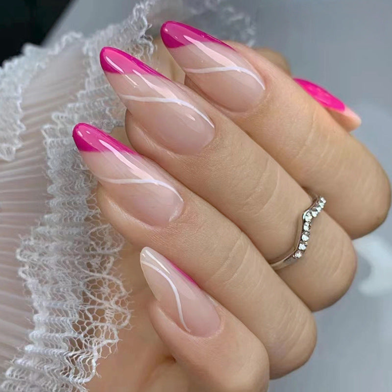 Rose Red Triangle Edge French Lines Almond Nails Euro Ins Style Ready-to-Wear Nails