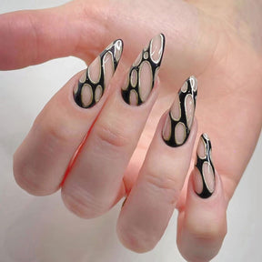 Black Sweet-Cool Bubble Gold Line Nails, Fashionable and Chic