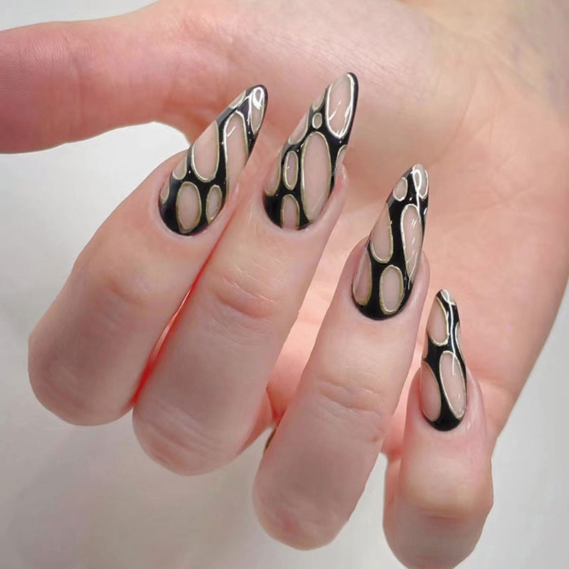 Black Sweet-Cool Bubble Gold Line Nails, Fashionable and Chic