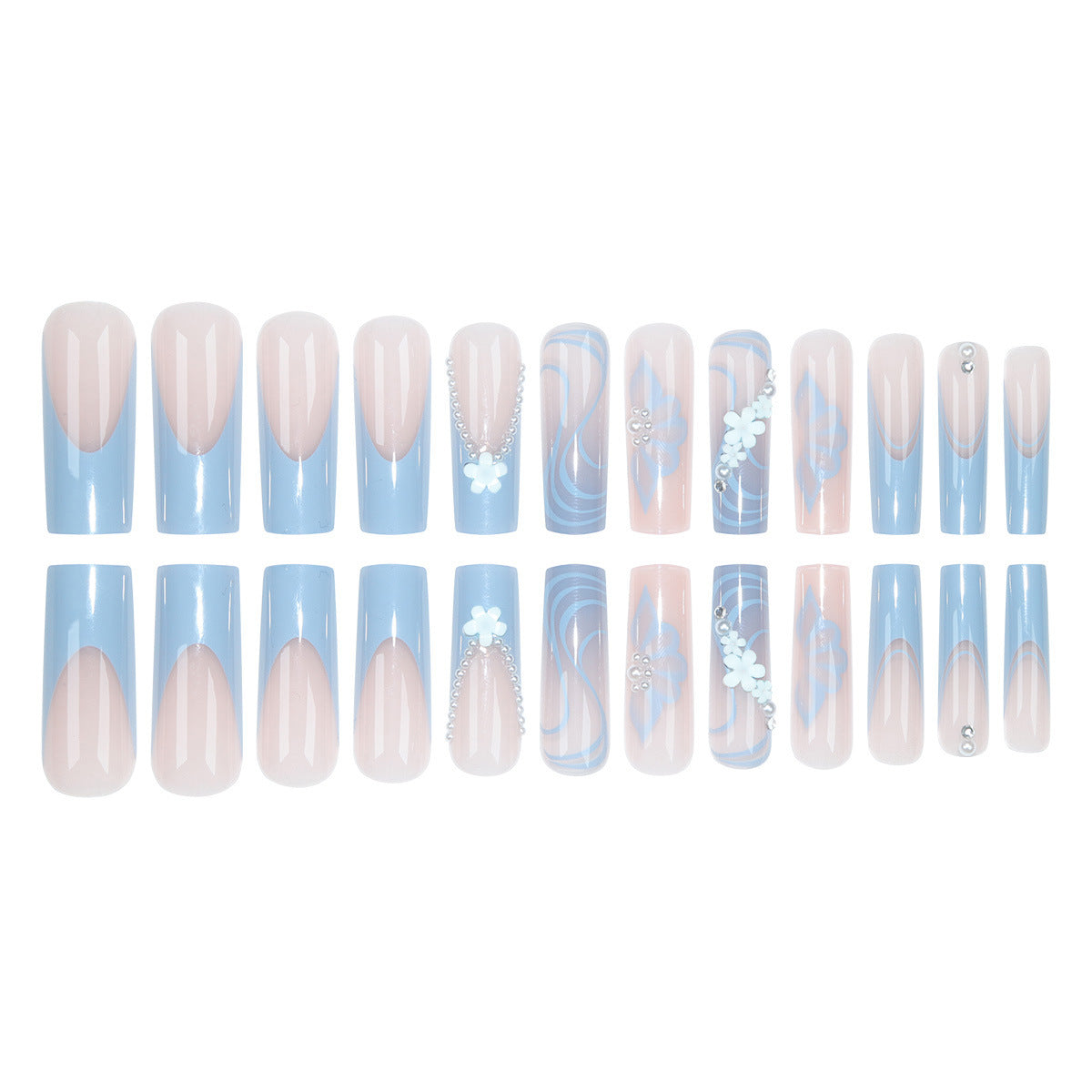 French Blue Floral Pearl Nail Tips, Wearable Extensions