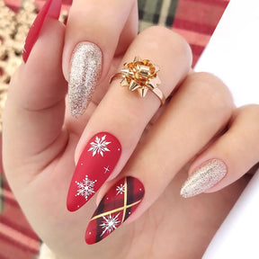 Christmas Red Glitter Snowflake Line Design Detachable Fake Nails