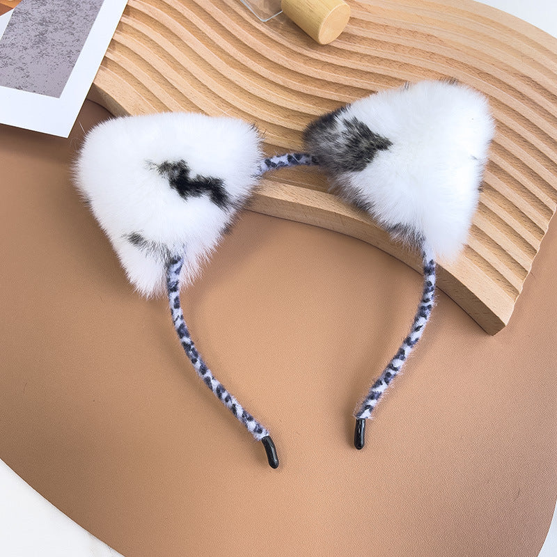 Cute Real Rabbit Fur Cat Ear Headband - Leopard Print