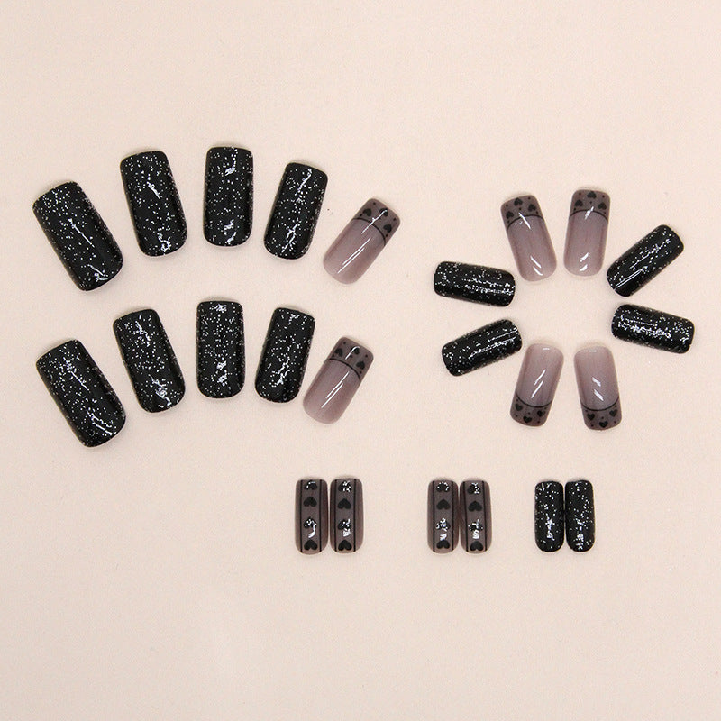 Black Starry Night Heart French Nails, Shimmering Powder