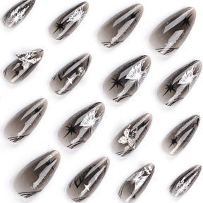 Clear Silver Bow Almond Press-On Nails - Black Cool Glam