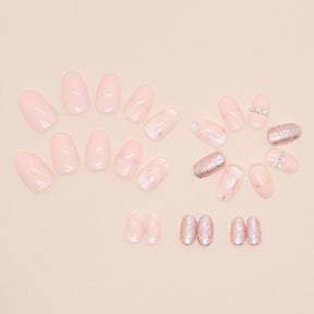 Shiny Glitter Oval Nails with Marble and Peach Design