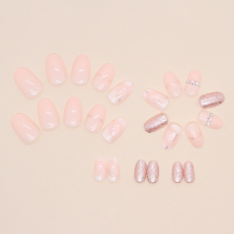 Shiny Glitter Oval Nails with Marble and Peach Design