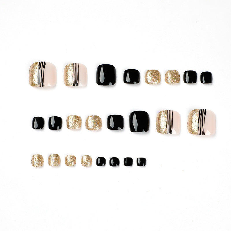 Summer Black Line Gold Powder Press-On Toe Nails - Wholesale