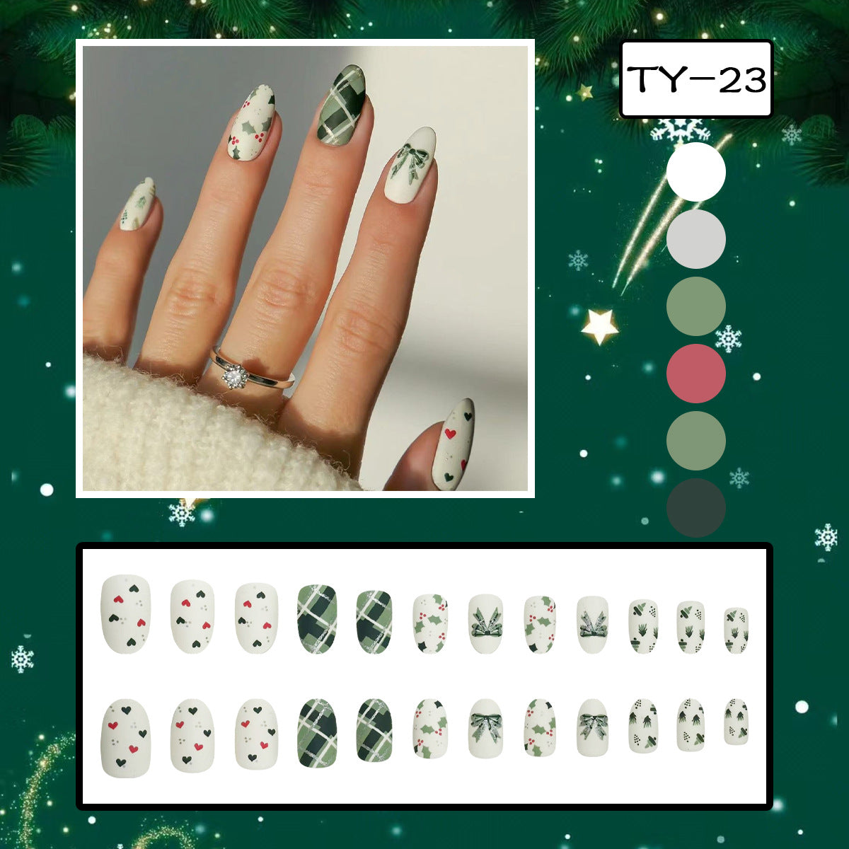 24-Piece Short Oval Christmas Green Plaid Bow Nails