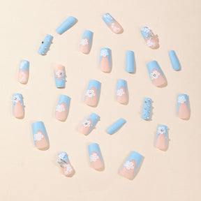 Sky Blue Flower Pearl 5-Petal 3D Butterfly Fresh Fake Nails