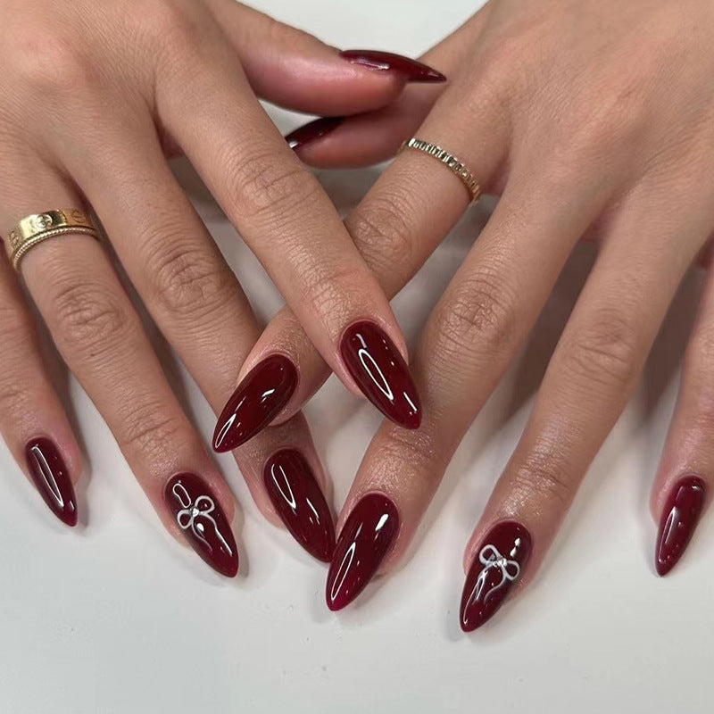 Burgundy Solid Nail Wraps with Bow and Diamond for Fall Nails