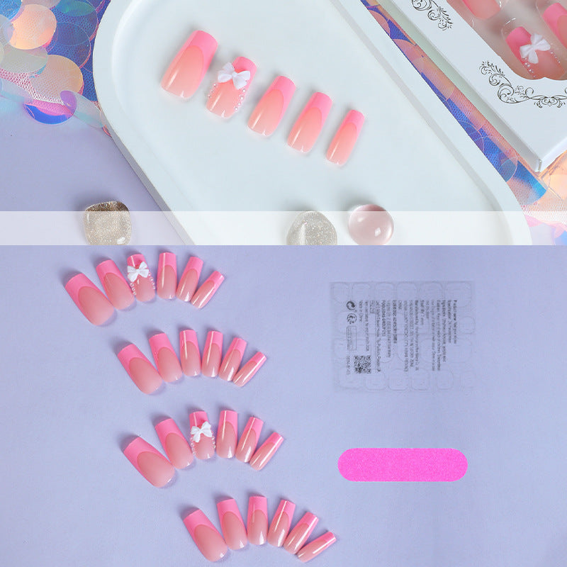 3D Bow French Nails - Pearl Accent, Waterpipe Shape