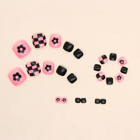 Checkerboard Flower Pink Black Toe Nail Stickers