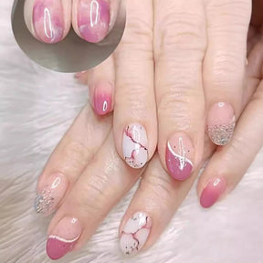 24-Piece Pink Ice Marble Oval Fall Nails