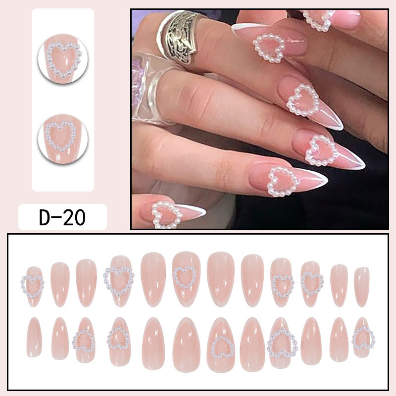 Almond French Nail Extensions with Heart and Pearl Design