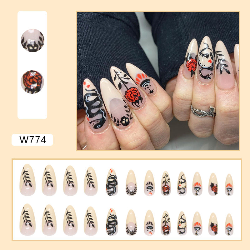 Dark Snake Rose Nails Black Almond Sweet Cool Euro Fashion Halloween Fake Nails