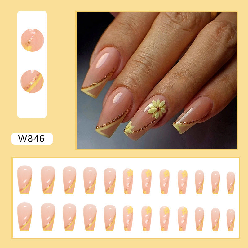 Spring-Summer New Fresh Lemon Yellow Super Glitter Line Nails Whitening Fake Nails