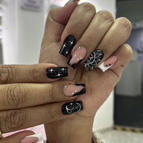 Square Black White Star Moon Diamond Gold Bead Nails