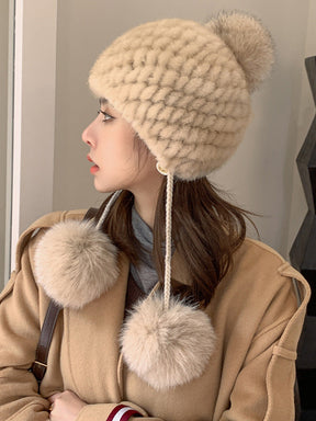 Winter Fox Pom Pom Mink Fur Hat for Women