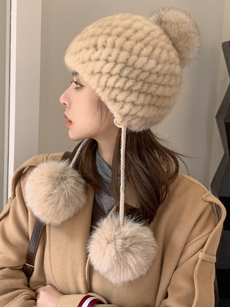 Winter Fox Pom Pom Mink Fur Hat for Women