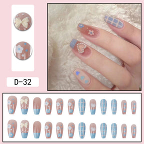 Blue Plaid Flower Ballet Fall Nails: Pearl Heart Bow French Nail Tips