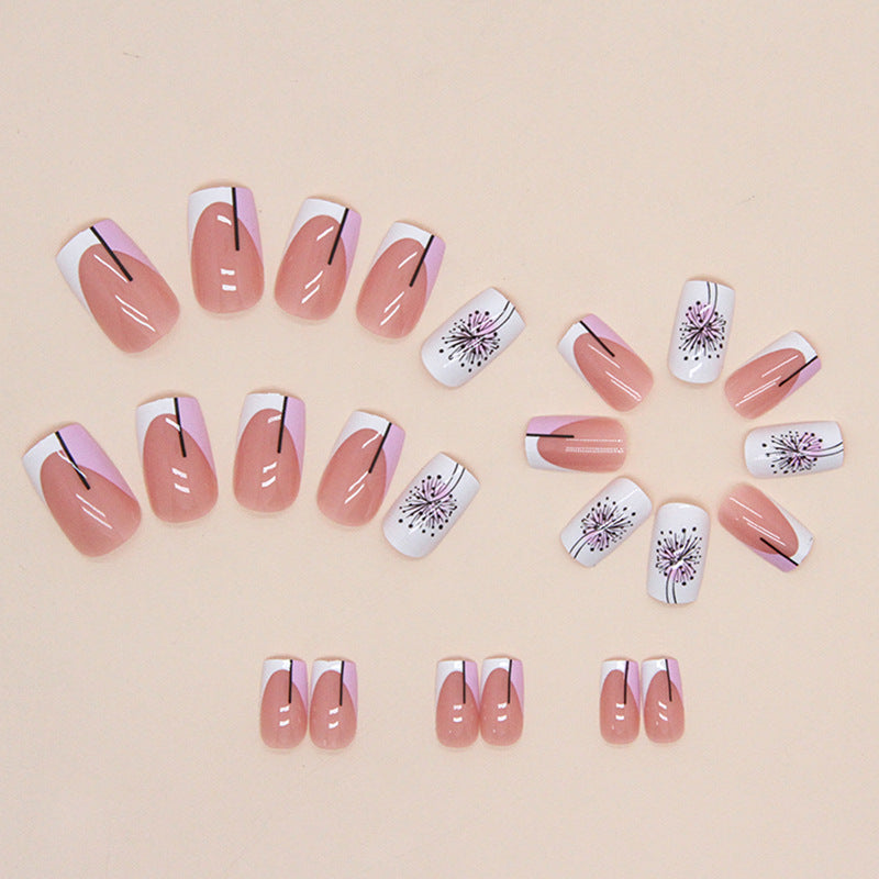 Elegant Light Purple French Nails, Dandelion Design, Square Shape