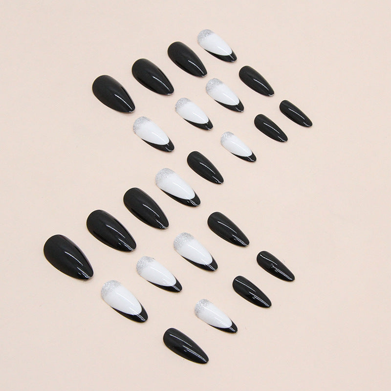 Almond-Shaped Black French Nails, Shiny and Chic