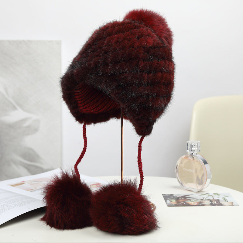 Winter Fox Pom Pom Mink Fur Hat for Women