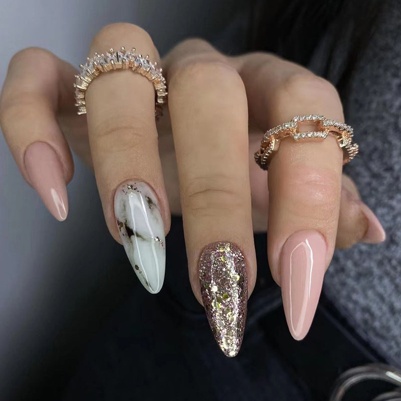 Shiny Marble Almond Nails, Sweet and Edgy Design