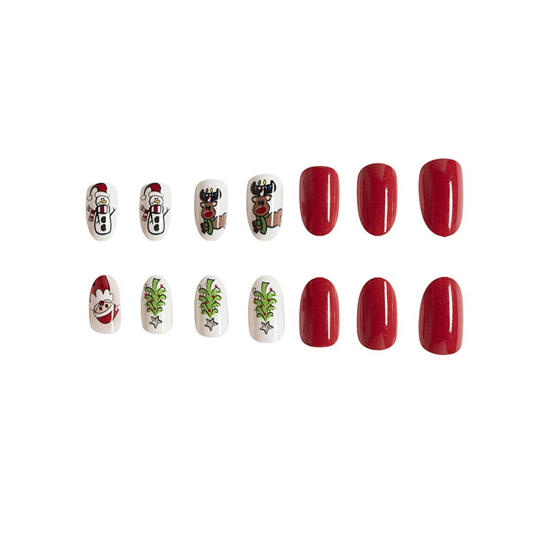 Shiny Short Christmas Nail Tips with Santa and Reindeer