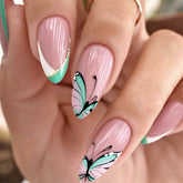 Almond Green White Butterfly French Nail Extensions