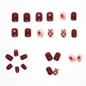 Removable Maroon Nails - Checkerboard Heart Stickers