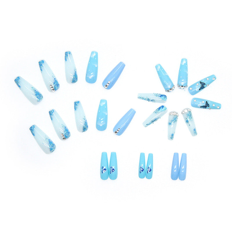 Shiny Blue Ice Butterfly Fall Nails - Long Press-On (24PCS)